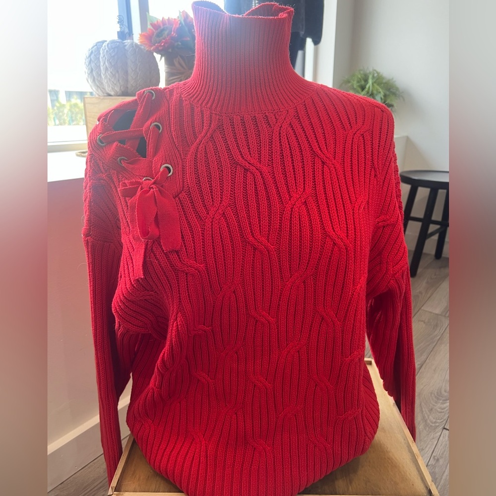 525 America Red Turtleneck Sweater with Lace-Up Shoulder